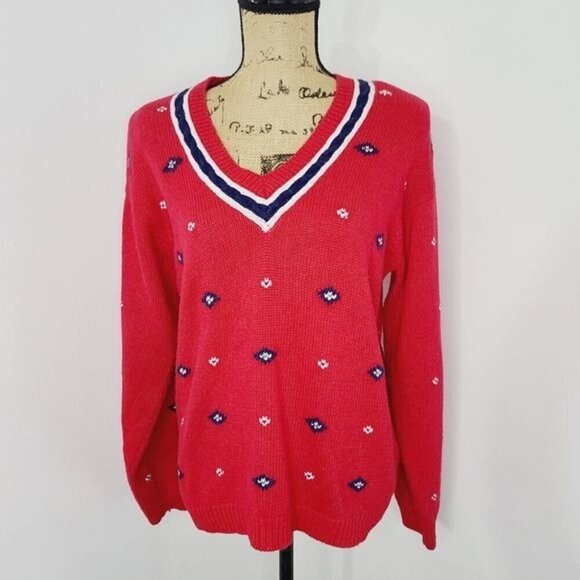 Vintage 80s Preppy Red V-neck Knit Sweater Patriotic Cotton - Picture 1 of 12